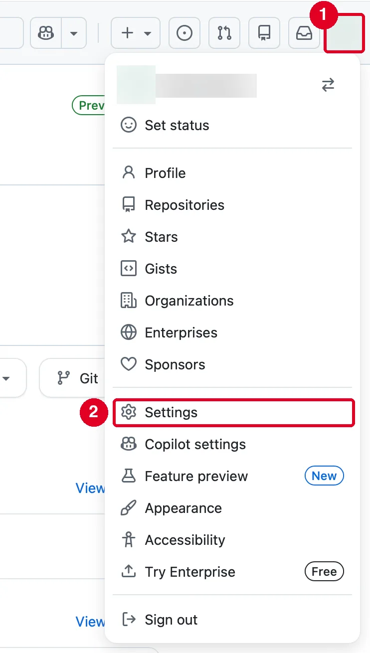 右上のアイコンを開いたメニュー。①のアイコンをクリックし、②の Settings を選ぶ 右上のアイコンを開いたメニュー。①のアイコンをクリックし、②の Settings を選ぶ