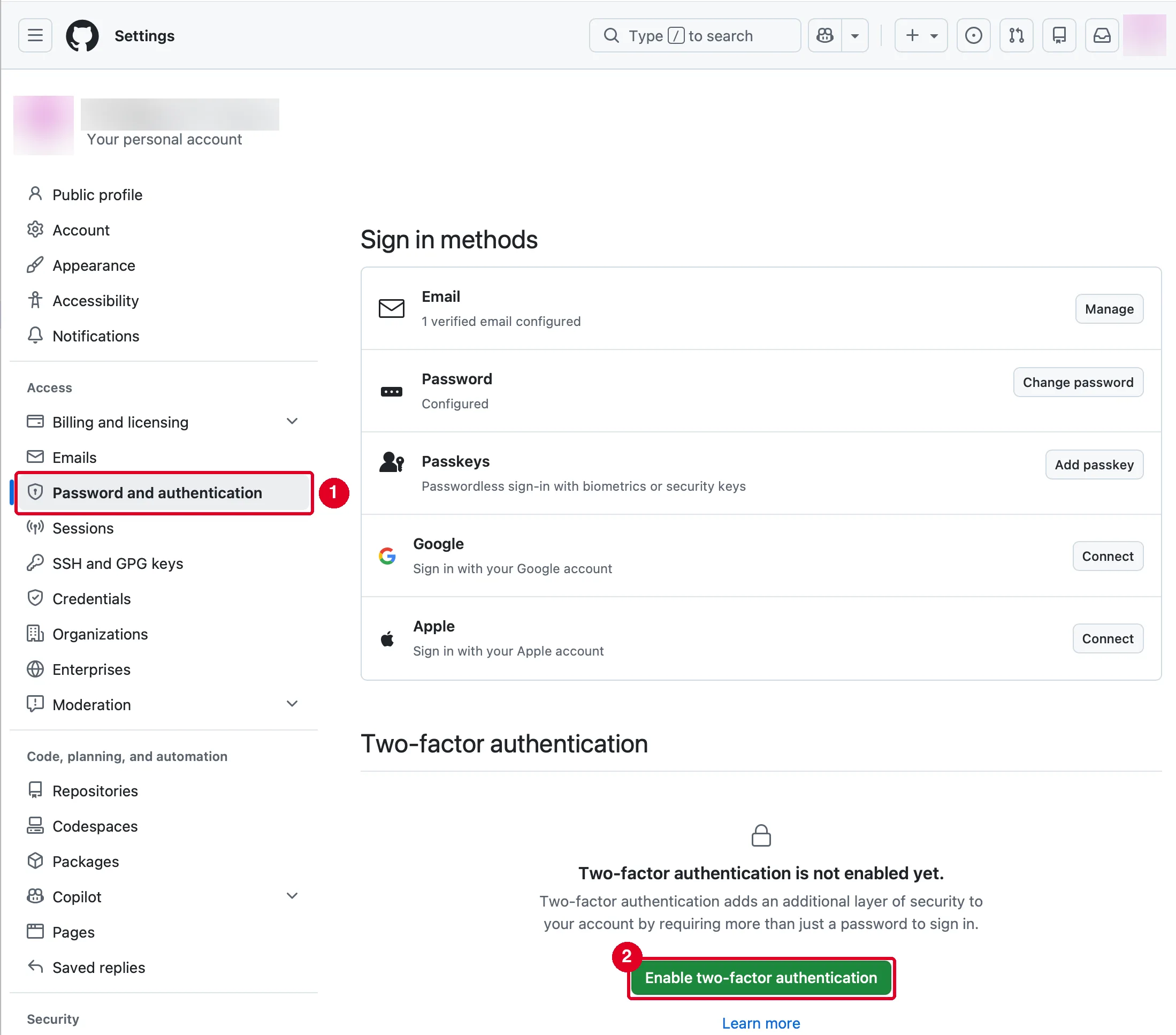 Password and authentication 画面。①の Password and authentication を開き、②の Enable two-factor authentication をクリックする Password and authentication 画面。①の Password and authentication を開き、②の Enable two-factor authentication をクリックする